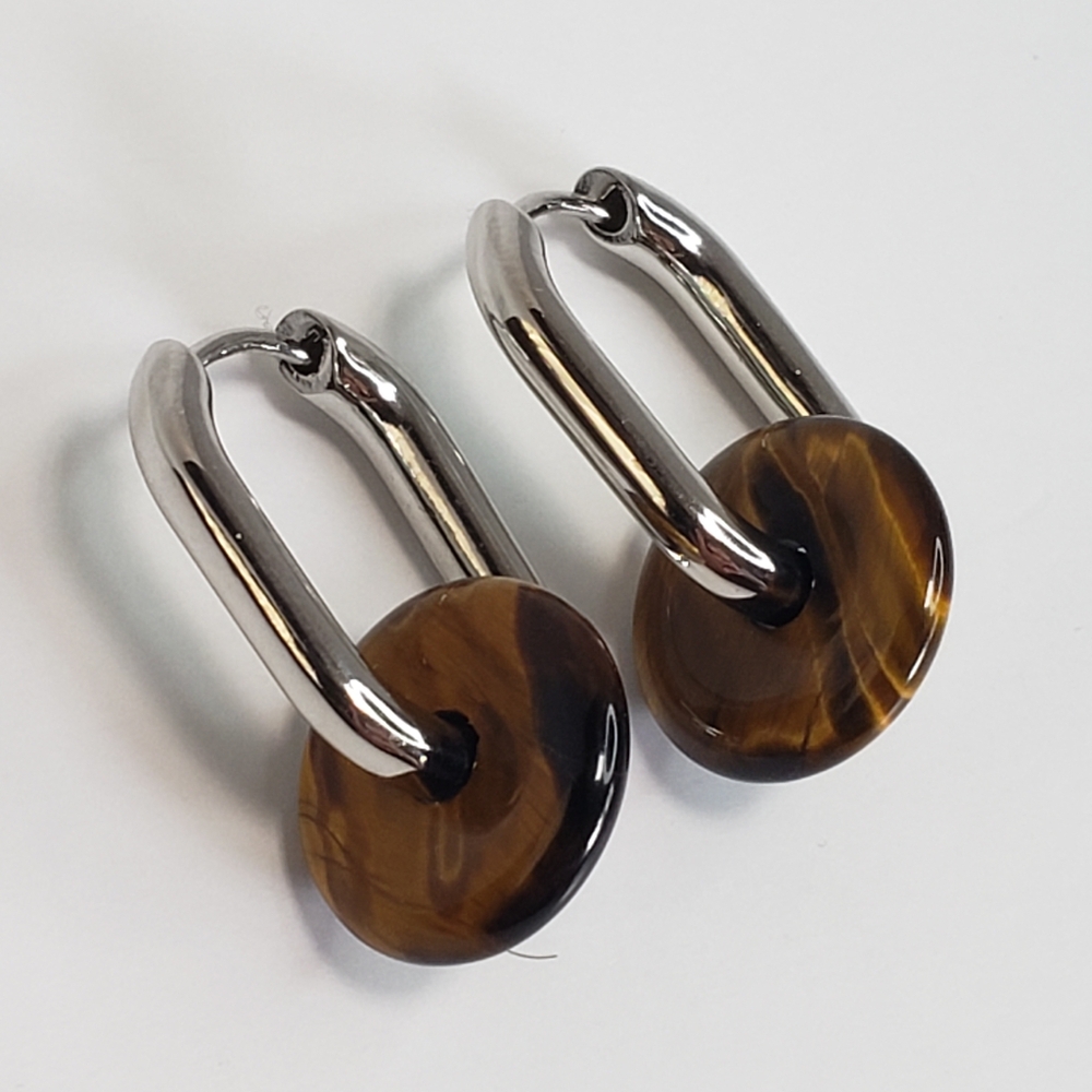 New 18K White Gold Huggie & Gemstone Earrings, Natural Tiger Eye DiscShape Stone